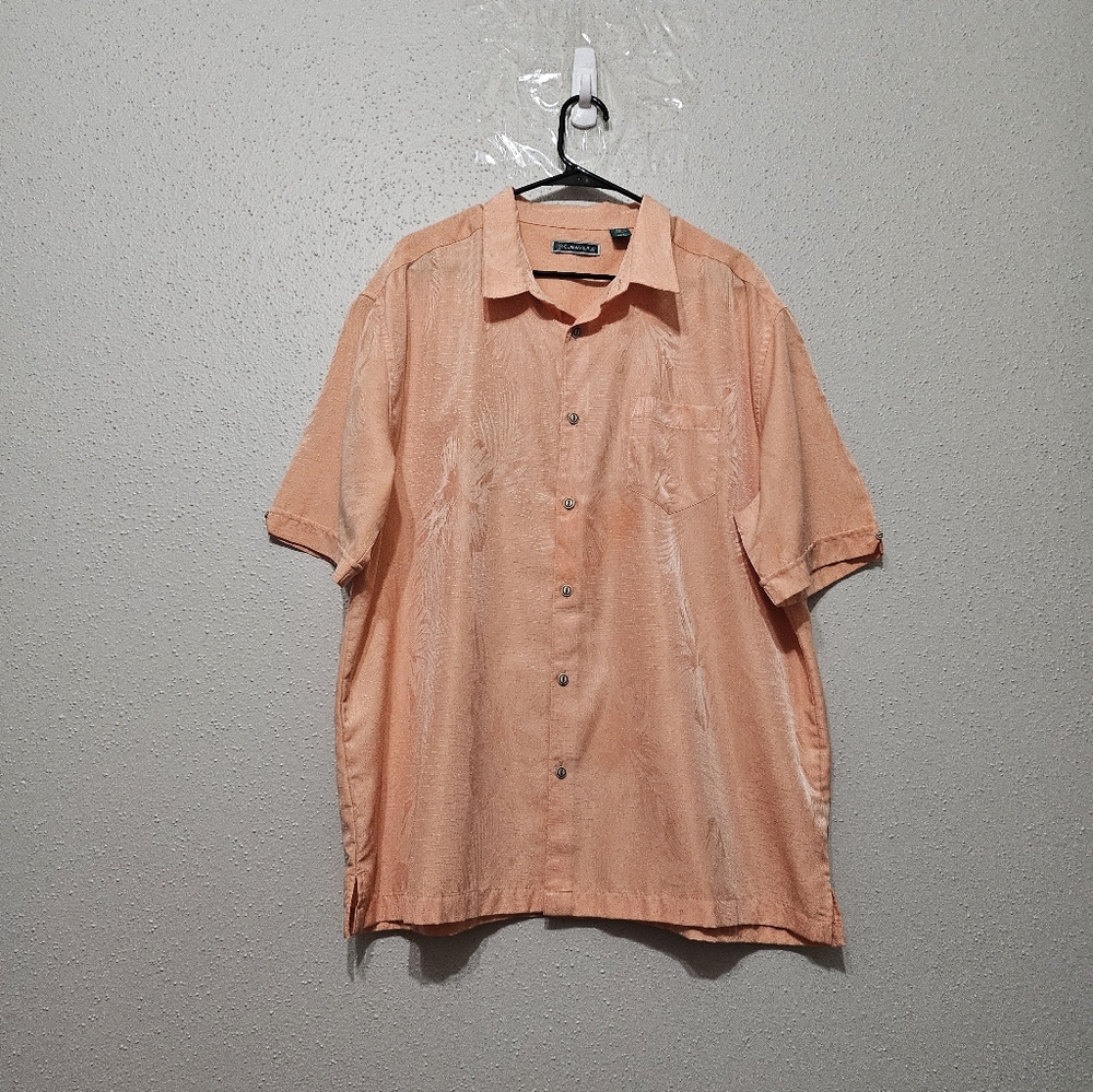 Cubavera Mens XXL Peach Tropical Palm Jacquard Button Up Shirt Resort Aloha